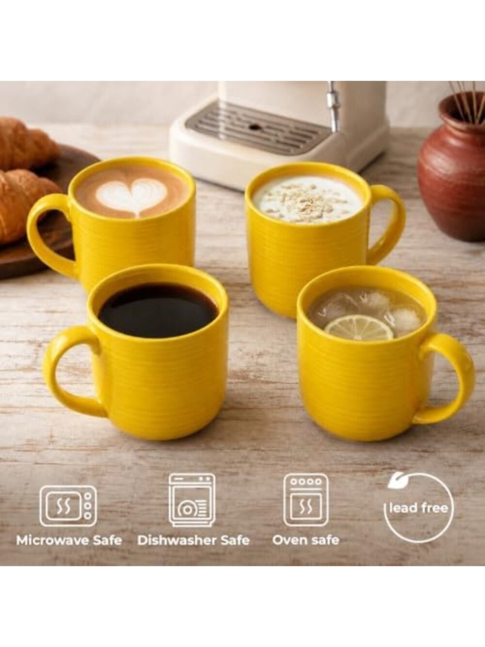 Set of 4 Glossy Yellow Ceramic Coffee Mugs, 12 oz Ribbed, Stackable, Dishwasher - Picture 2 of 6